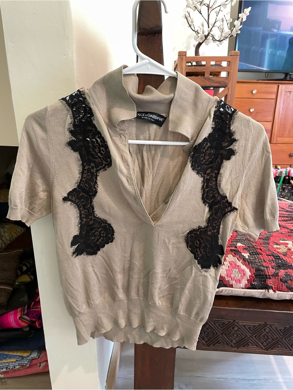 Dolce & Gabbana Taupe Knit Top with Black Lace Trim